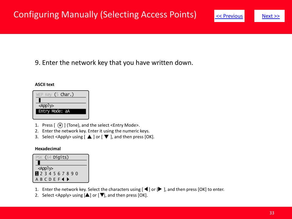 Slide number 33, Configuring manually (selecting access points), Enter the network key that you have written down | Canon MF8380CDW User Manual | Page 33 / 46