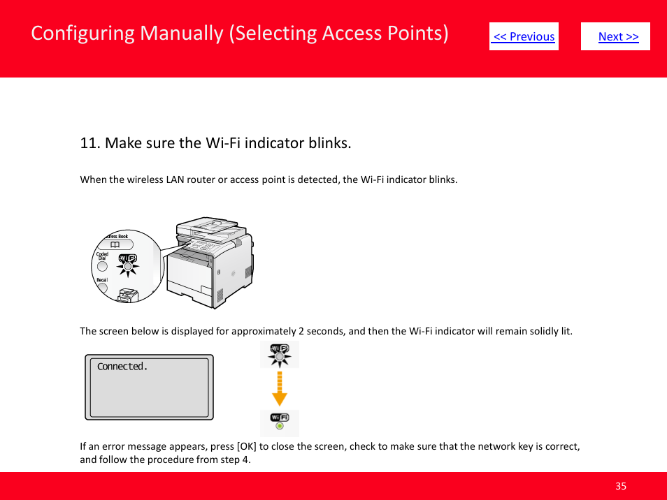 Slide number 35, Configuring manually (selecting access points), Make sure the wi-fi indicator blinks | Canon MF8380CDW User Manual | Page 35 / 46