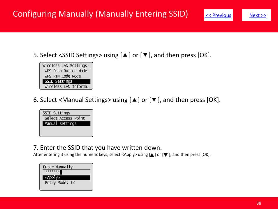 Slide number 38, Configuring manually (manually entering ssid) | Canon MF8380CDW User Manual | Page 38 / 46