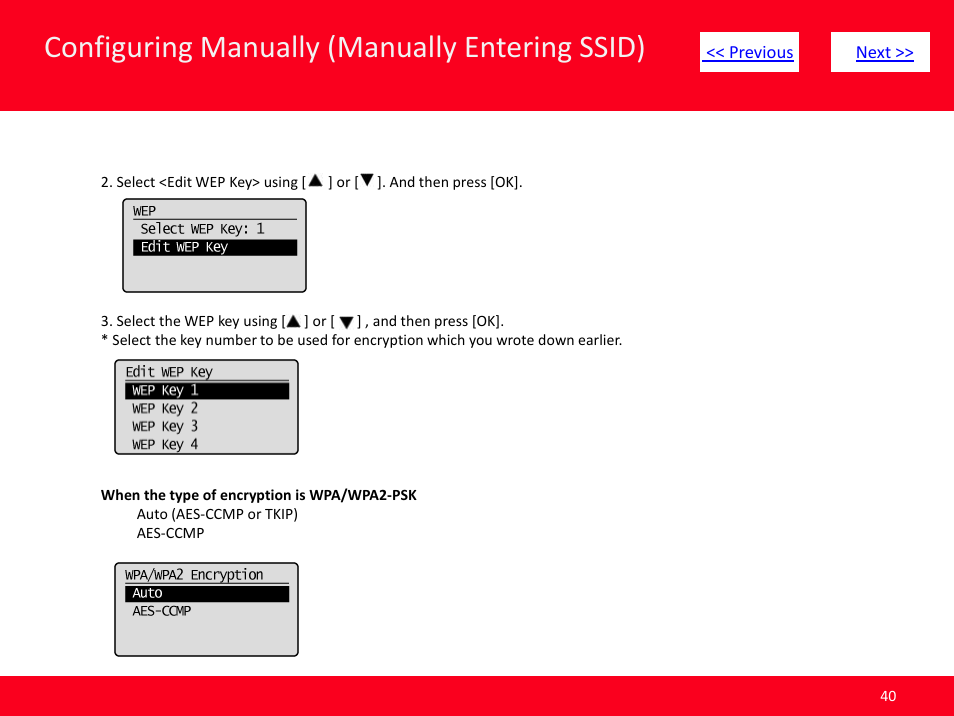 Slide number 40, Configuring manually (manually entering ssid) | Canon MF8380CDW User Manual | Page 40 / 46