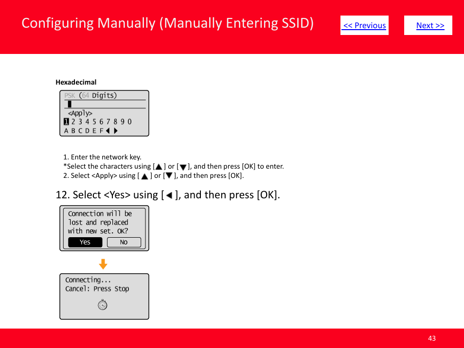 Slide number 43, Configuring manually (manually entering ssid), Select <yes> using [ ], and then press [ok | Canon MF8380CDW User Manual | Page 43 / 46