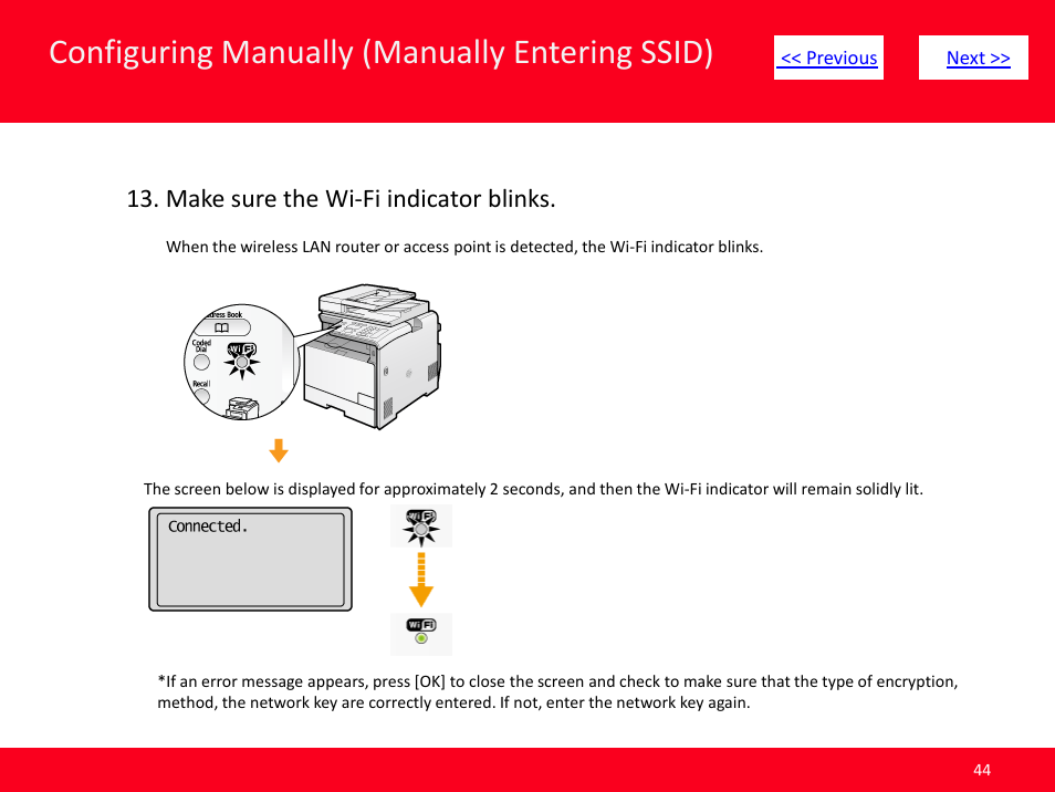 Slide number 44, Configuring manually (manually entering ssid), Make sure the wi-fi indicator blinks | Canon MF8380CDW User Manual | Page 44 / 46