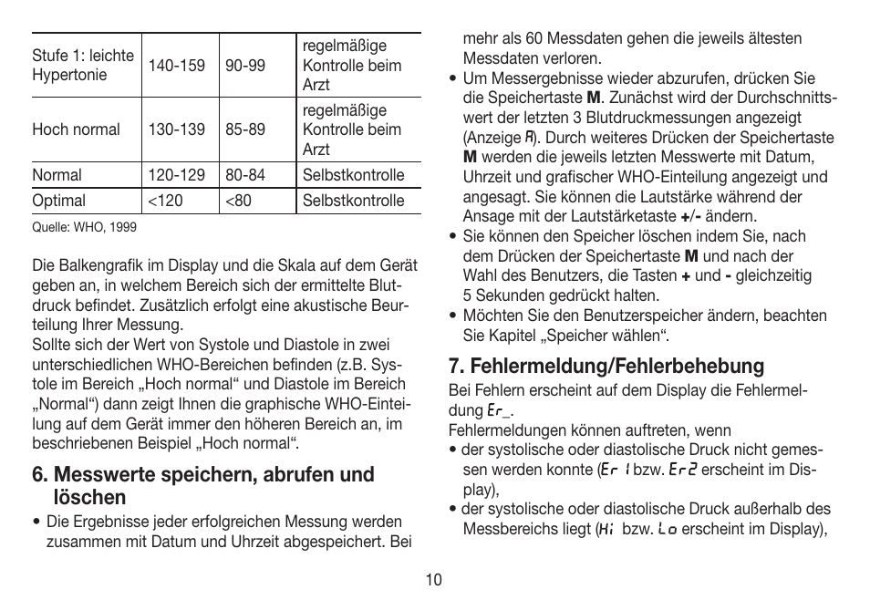 Messwerte speichern, abrufen und löschen, Fehlermeldung/fehlerbehebung | Beurer BC 19 User Manual | Page 10 / 68