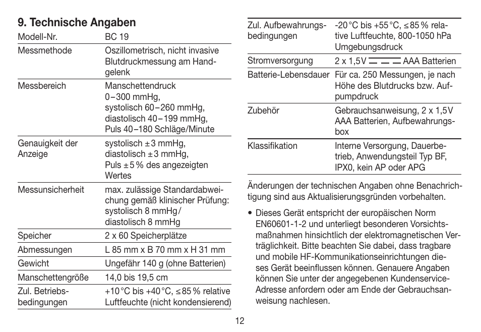 Technische angaben | Beurer BC 19 User Manual | Page 12 / 68