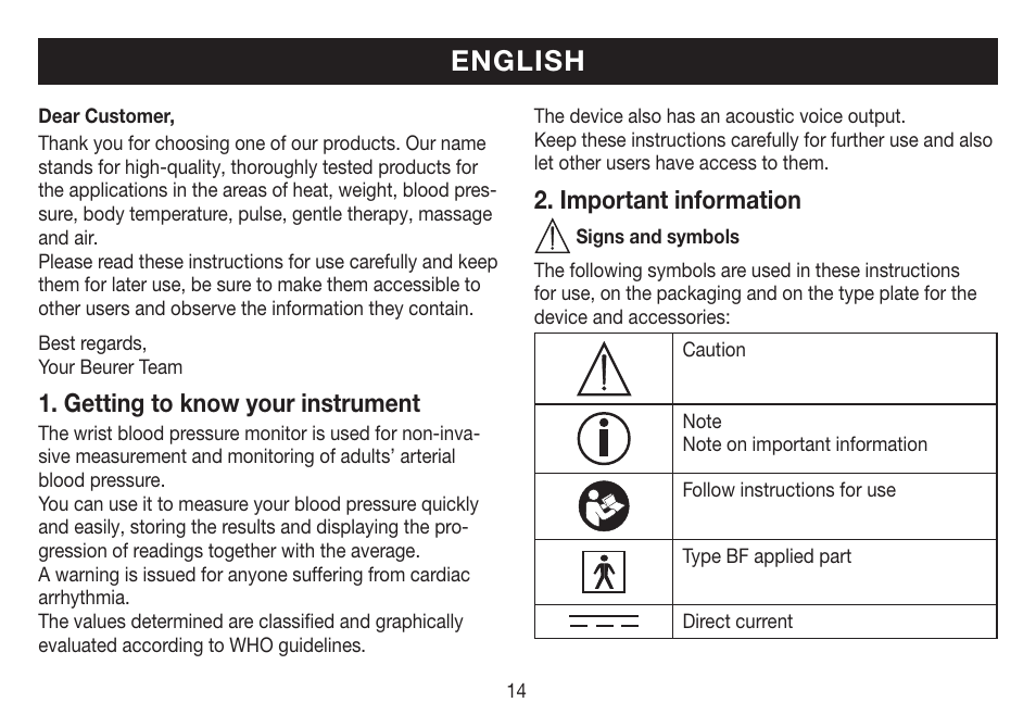 English, Getting to know your instrument, Important information | Beurer BC 19 User Manual | Page 14 / 68