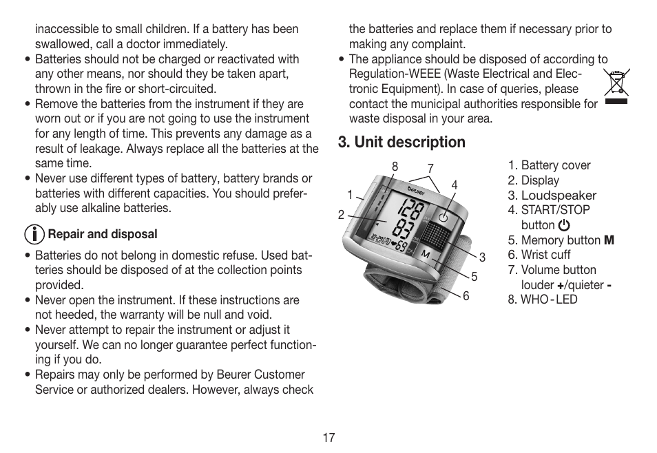 Unit description | Beurer BC 19 User Manual | Page 17 / 68