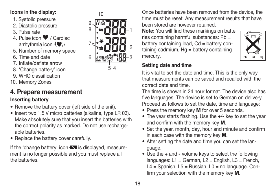 Prepare measurement | Beurer BC 19 User Manual | Page 18 / 68