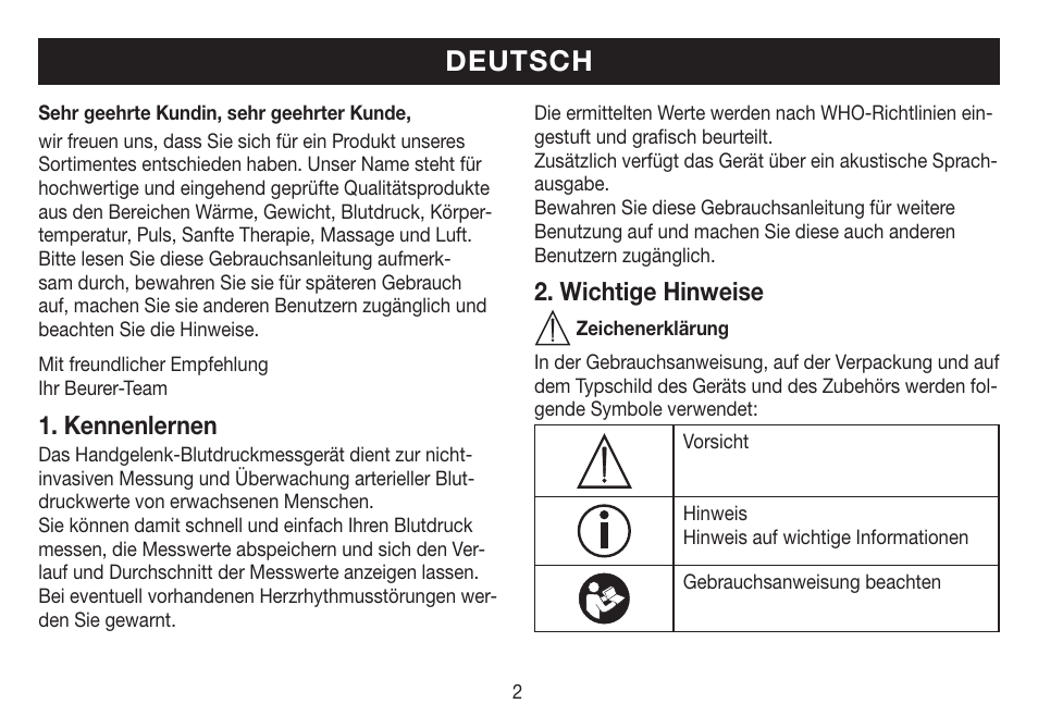 Deutsch, Kennenlernen, Wichtige hinweise | Beurer BC 19 User Manual | Page 2 / 68