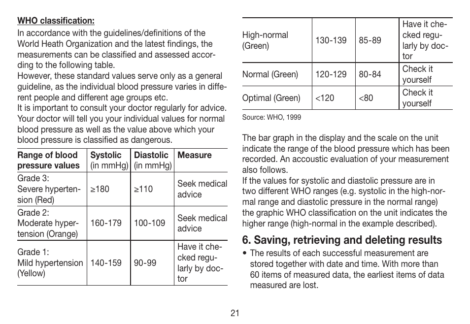 Saving, retrieving and deleting results | Beurer BC 19 User Manual | Page 21 / 68