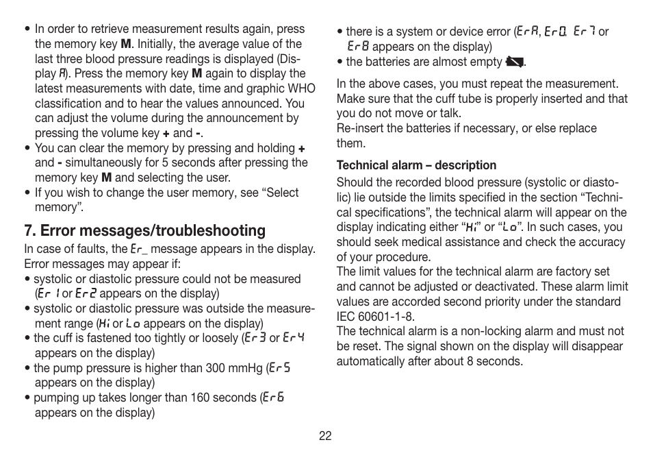 Error messages/troubleshooting | Beurer BC 19 User Manual | Page 22 / 68