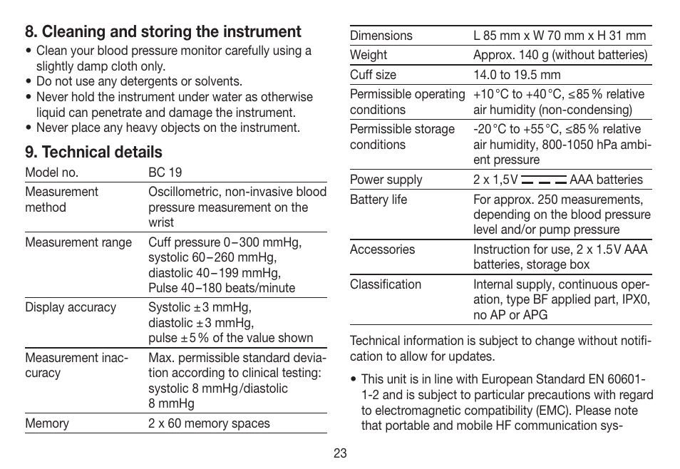 Cleaning and storing the instrument, Technical details | Beurer BC 19 User Manual | Page 23 / 68