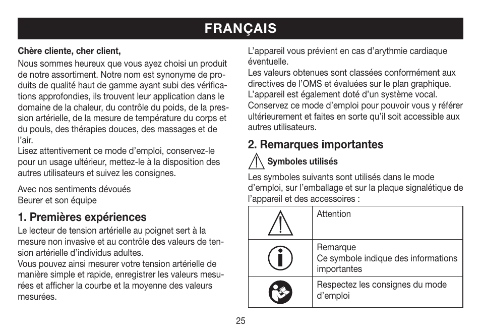 Français, Premières expériences, Remarques importantes | Beurer BC 19 User Manual | Page 25 / 68