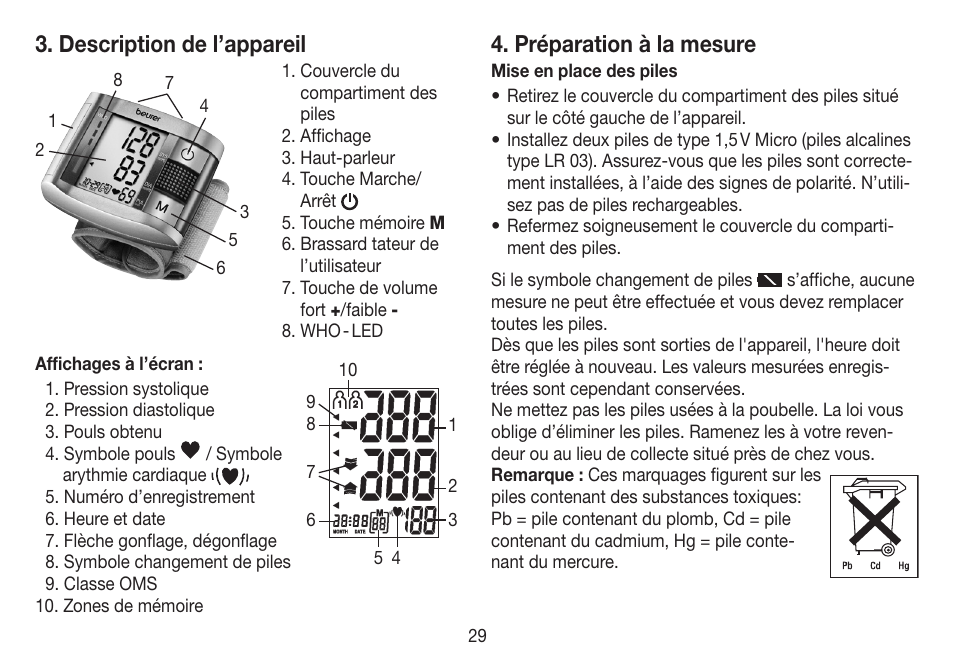 Description de l’appareil, Préparation à la mesure | Beurer BC 19 User Manual | Page 29 / 68