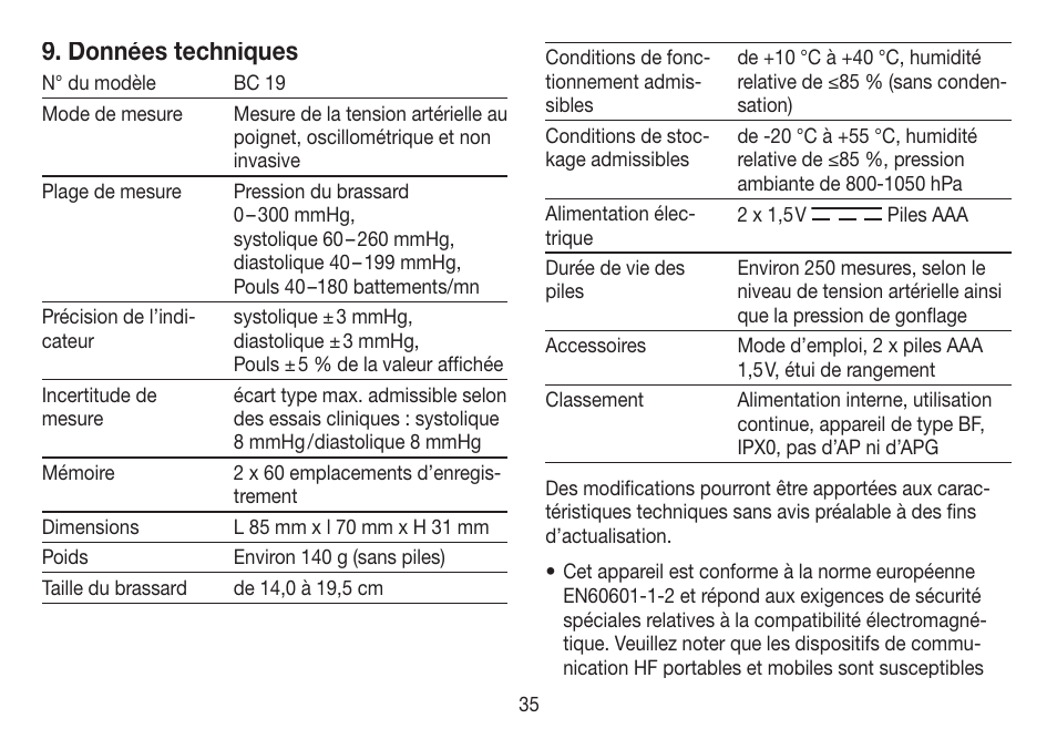 Données techniques | Beurer BC 19 User Manual | Page 35 / 68