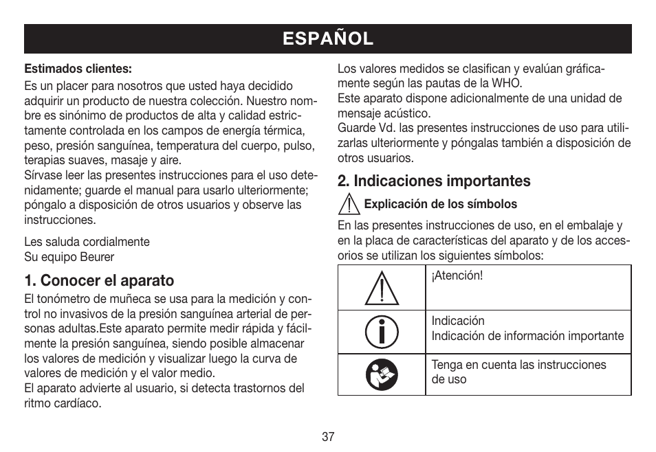 Español, Conocer el aparato, Indicaciones importantes | Beurer BC 19 User Manual | Page 37 / 68