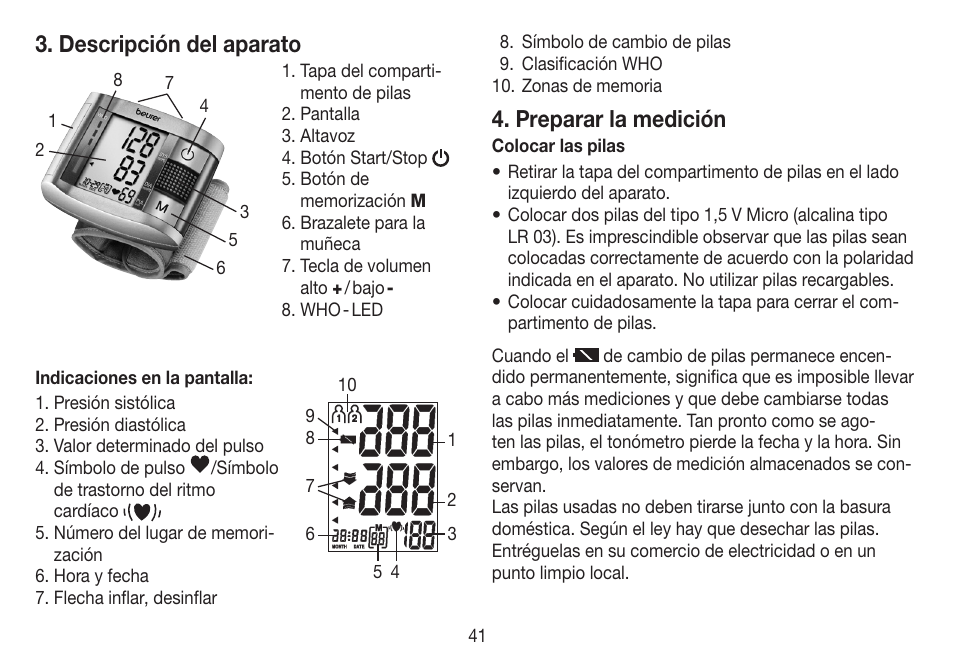 Descripción del aparato, Preparar la medición | Beurer BC 19 User Manual | Page 41 / 68