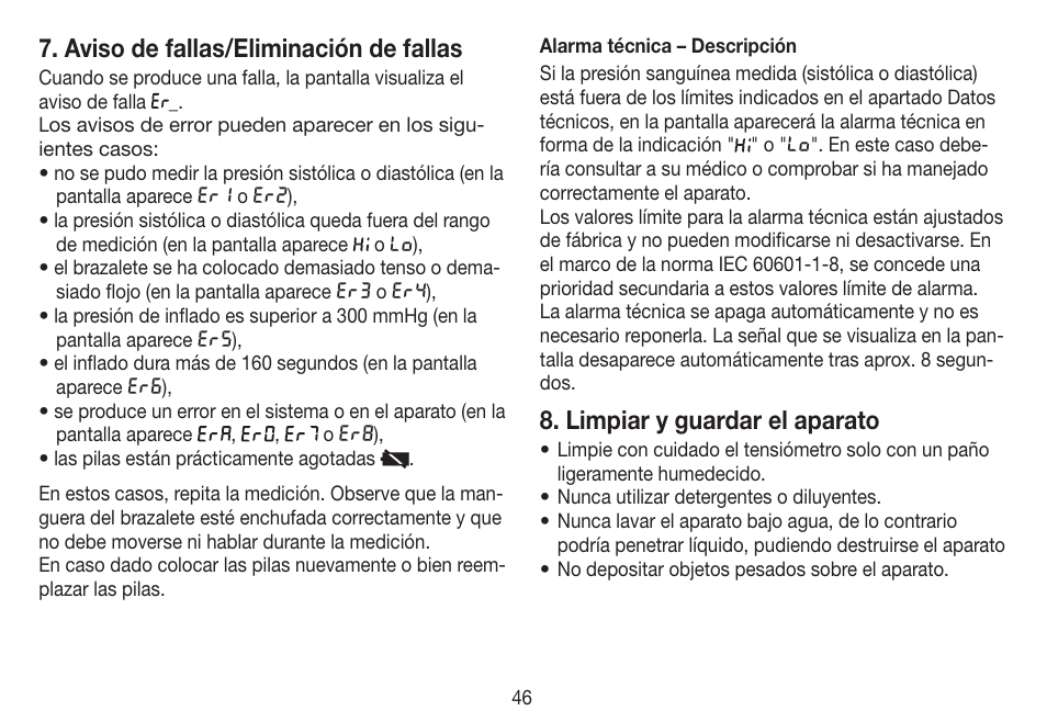 Aviso de fallas/eliminación de fallas, Limpiar y guardar el aparato | Beurer BC 19 User Manual | Page 46 / 68