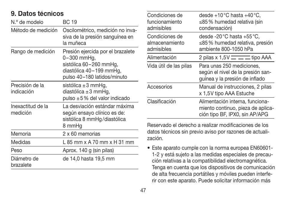 Datos técnicos | Beurer BC 19 User Manual | Page 47 / 68