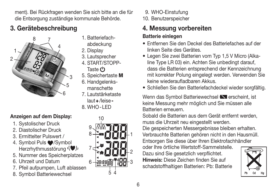 Gerätebeschreibung, Messung vorbereiten | Beurer BC 19 User Manual | Page 6 / 68