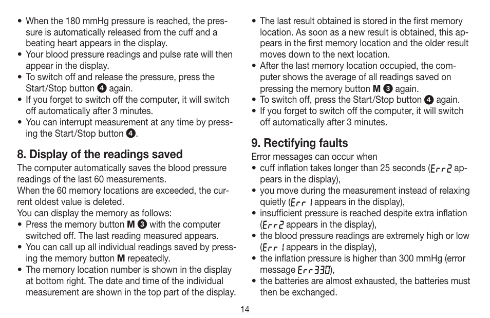 Display of the readings saved, Rectifying faults | Beurer BC 20 User Manual | Page 14 / 68