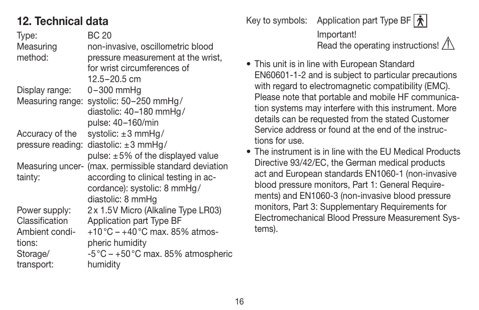 Technical data | Beurer BC 20 User Manual | Page 16 / 68