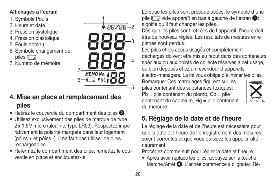 Mise en place et remplacement des piles, Réglage de la date et de l’heure | Beurer BC 20 User Manual | Page 20 / 68