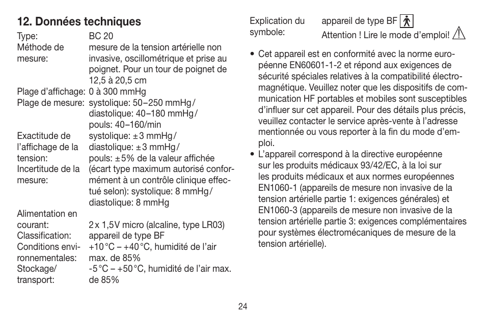 Données techniques | Beurer BC 20 User Manual | Page 24 / 68