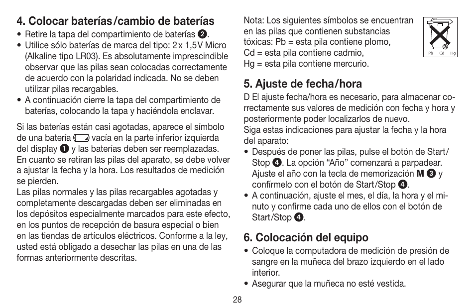 Colocar baterías /cambio de baterías, Ajuste de fecha / hora, Colocación del equipo | Beurer BC 20 User Manual | Page 28 / 68