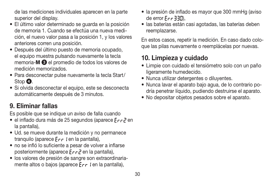 Eliminar fallas, Limpieza y cuidado | Beurer BC 20 User Manual | Page 30 / 68