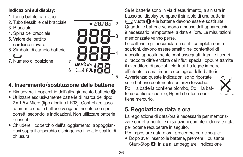 Inserimento /sostituzione delle batterie, Regolazione data e ora | Beurer BC 20 User Manual | Page 36 / 68