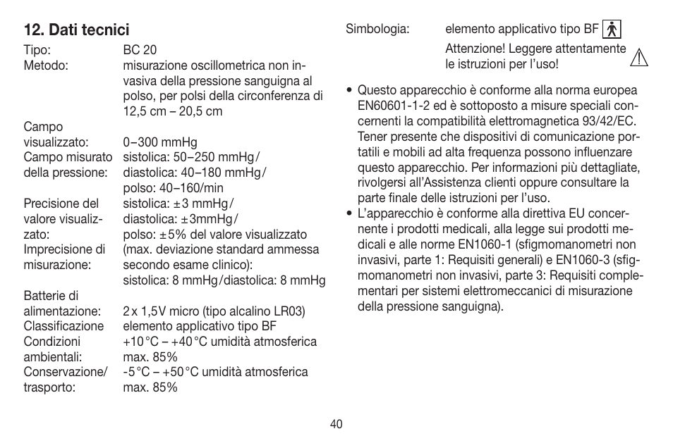 Dati tecnici | Beurer BC 20 User Manual | Page 40 / 68