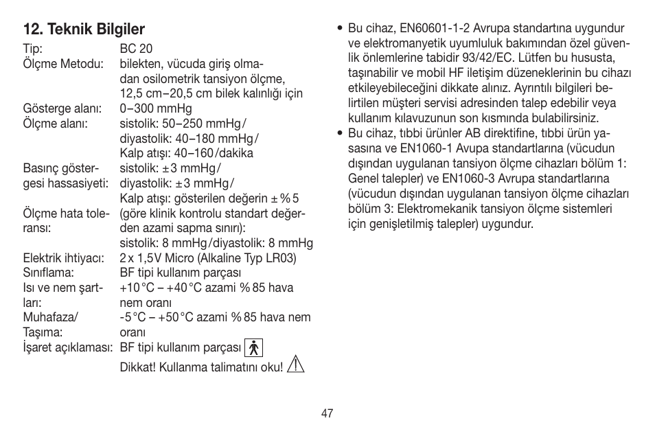 Teknik bilgiler | Beurer BC 20 User Manual | Page 47 / 68