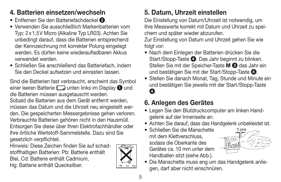 Batterien einsetzen/wechseln, Datum, uhrzeit einstellen, Anlegen des gerätes | Beurer BC 20 User Manual | Page 5 / 68