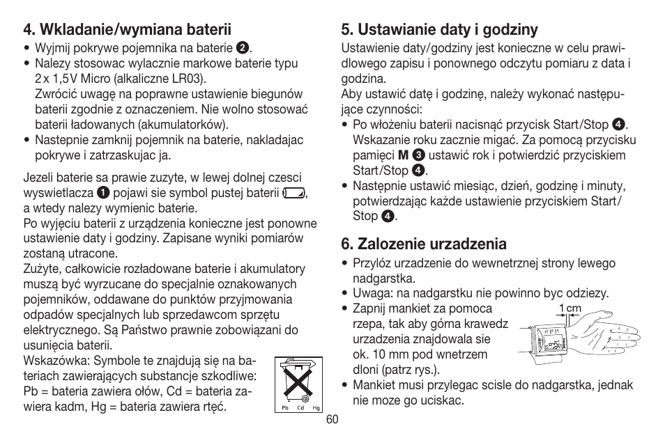 Wkladanie /wymiana baterii, Ustawianie daty i godziny, Zalozenie urzadzenia | Beurer BC 20 User Manual | Page 60 / 68