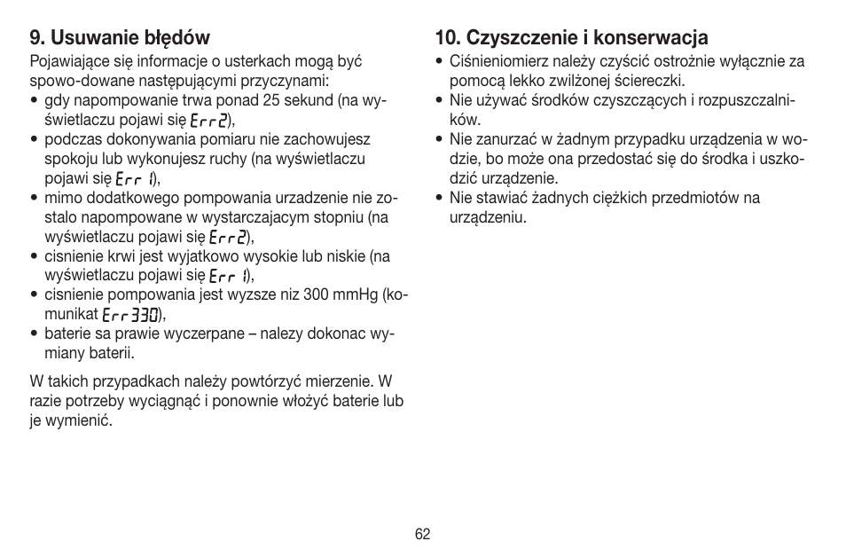 Usuwanie błędów, Czyszczenie i konserwacja | Beurer BC 20 User Manual | Page 62 / 68