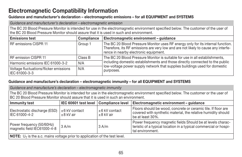 Electromagnetic compatibility information | Beurer BC 20 User Manual | Page 65 / 68