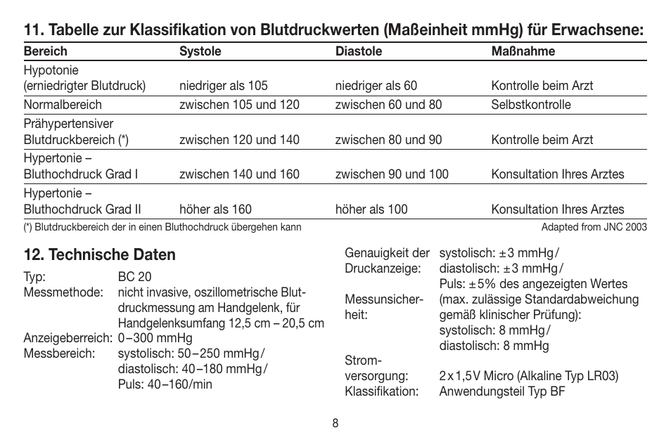 Technische daten | Beurer BC 20 User Manual | Page 8 / 68