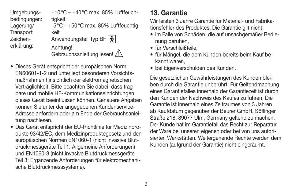 Garantie | Beurer BC 20 User Manual | Page 9 / 68