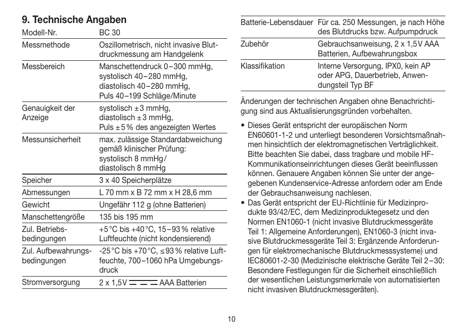 Technische angaben | Beurer BC 30 User Manual | Page 10 / 80