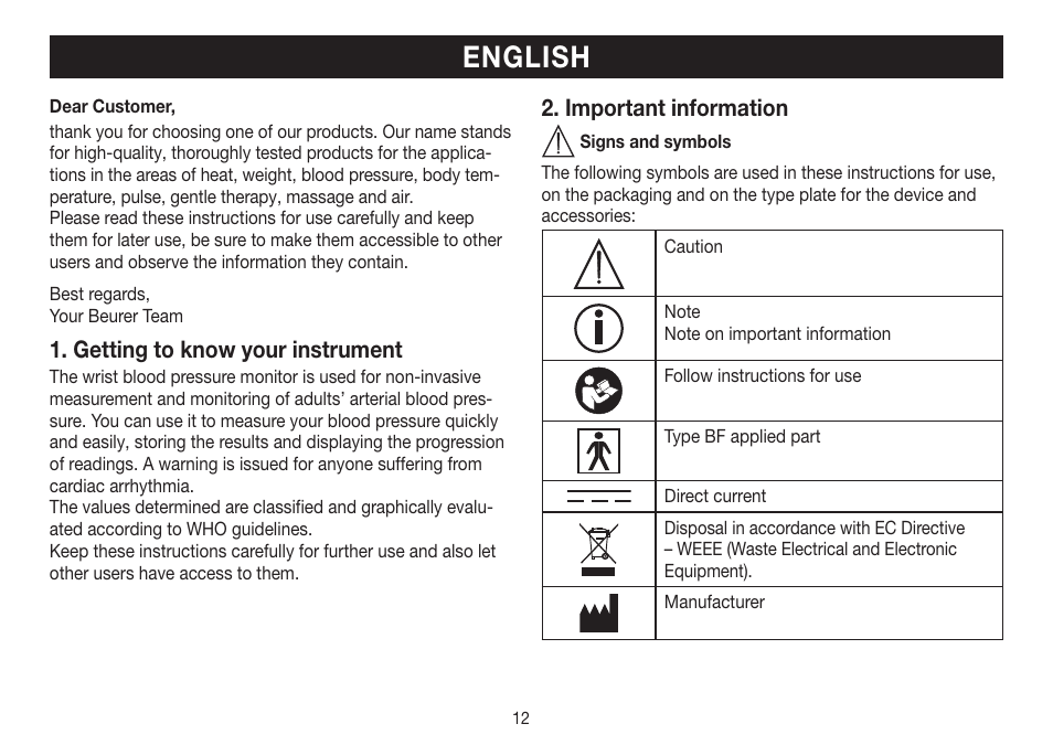 English, Getting to know your instrument, Important information | Beurer BC 30 User Manual | Page 12 / 80