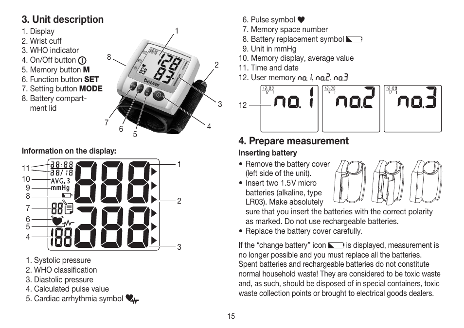 Unit description, Prepare measurement | Beurer BC 30 User Manual | Page 15 / 80