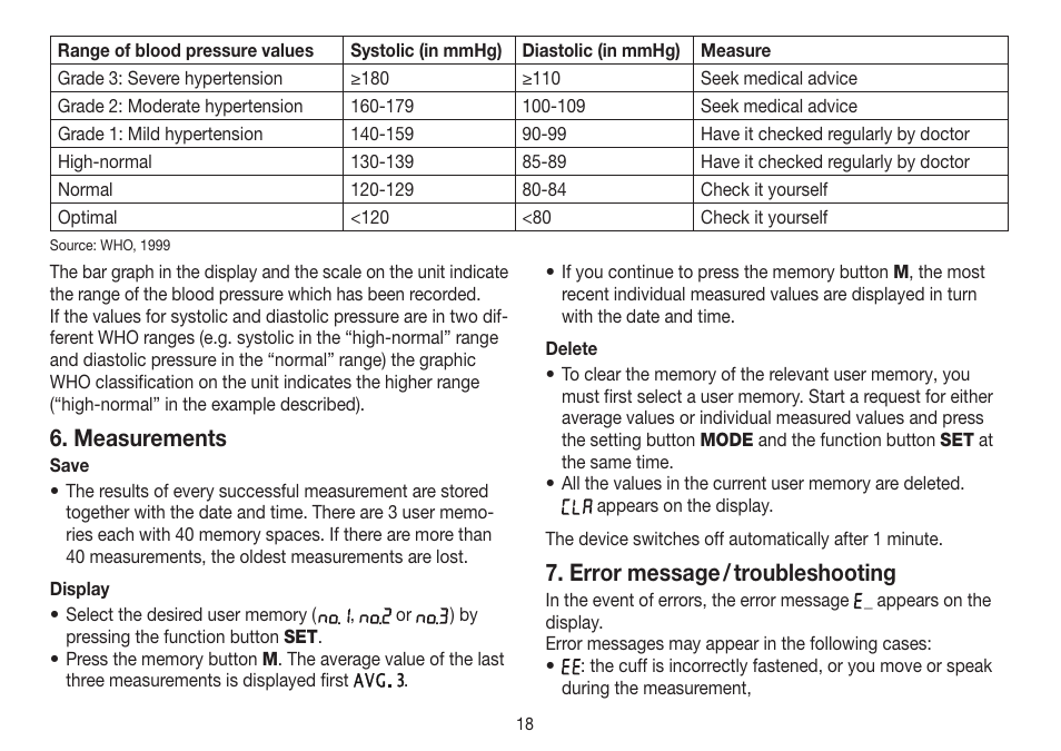 Measurements, Error message / troubleshooting | Beurer BC 30 User Manual | Page 18 / 80