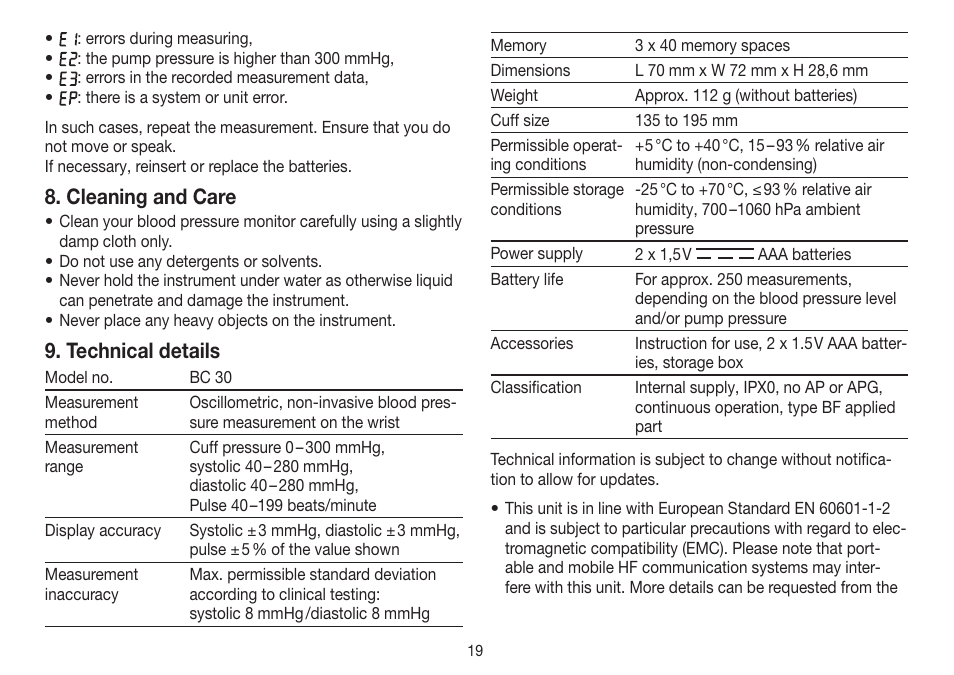 Cleaning and care, Technical details | Beurer BC 30 User Manual | Page 19 / 80