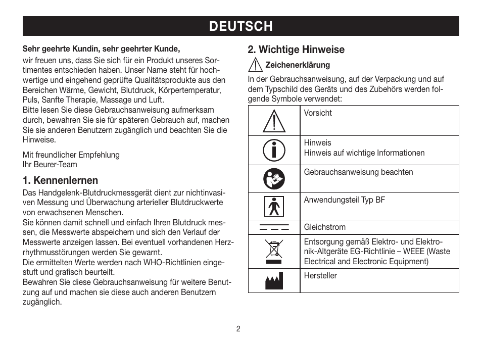 Deutsch, Kennenlernen, Wichtige hinweise | Beurer BC 30 User Manual | Page 2 / 80