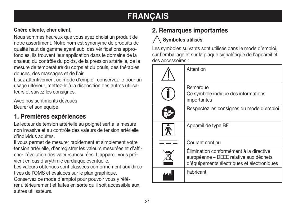 Français, Premières expériences, Remarques importantes | Beurer BC 30 User Manual | Page 21 / 80