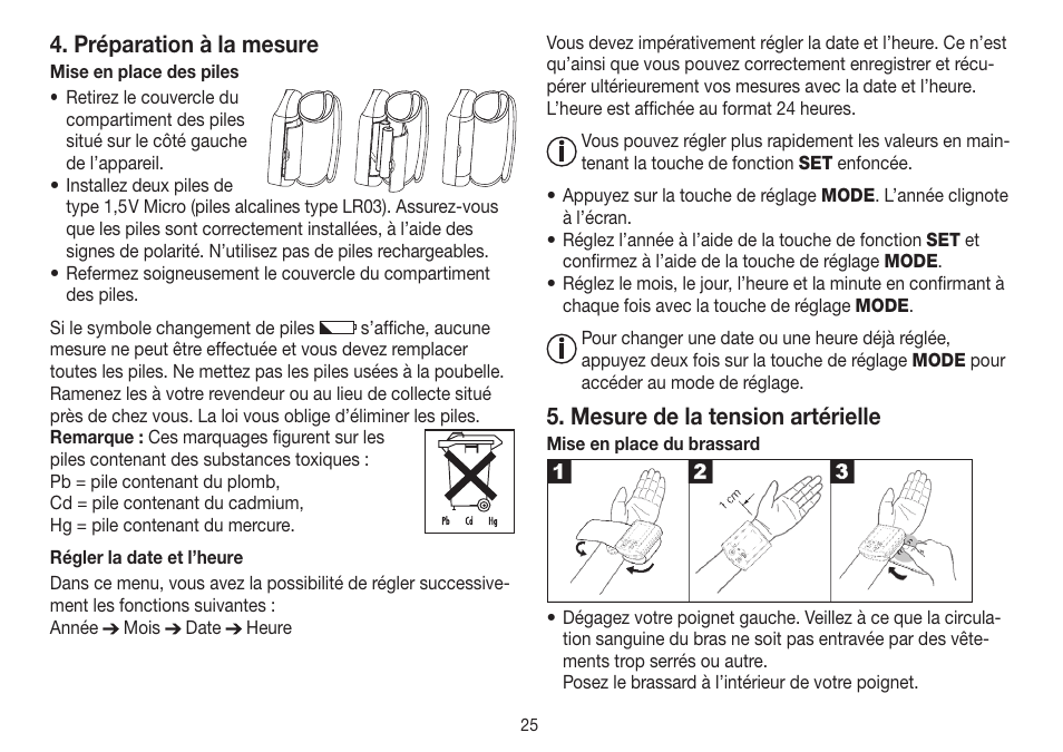 Préparation à la mesure, Mesure de la tension artérielle | Beurer BC 30 User Manual | Page 25 / 80