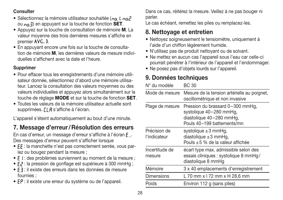 Message d’erreur / résolution des erreurs, Nettoyage et entretien, Données techniques | Beurer BC 30 User Manual | Page 28 / 80