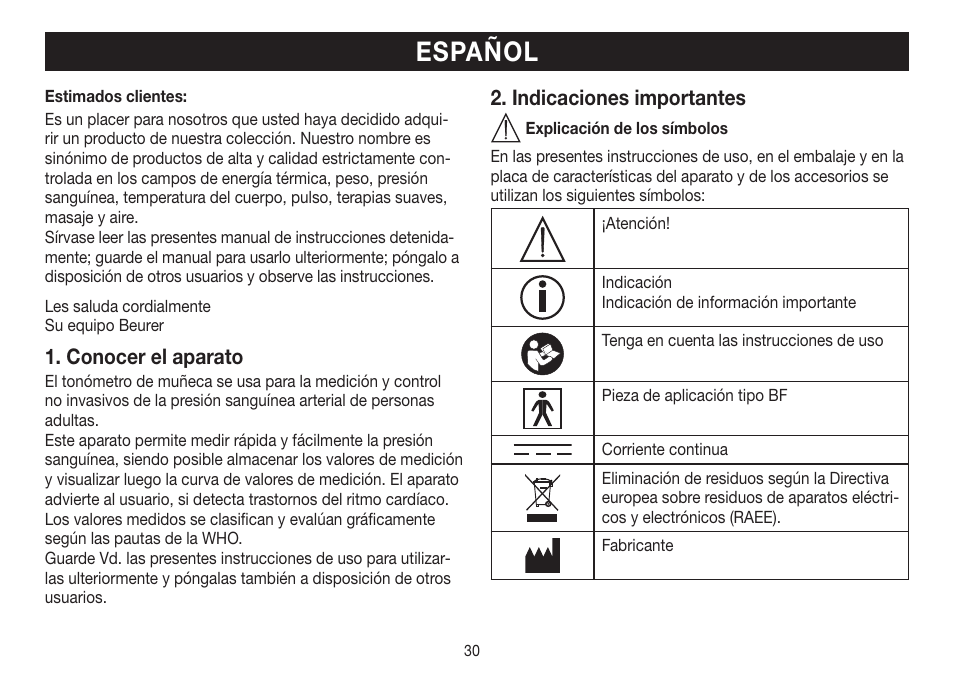 Español, Conocer el aparato, Indicaciones importantes | Beurer BC 30 User Manual | Page 30 / 80