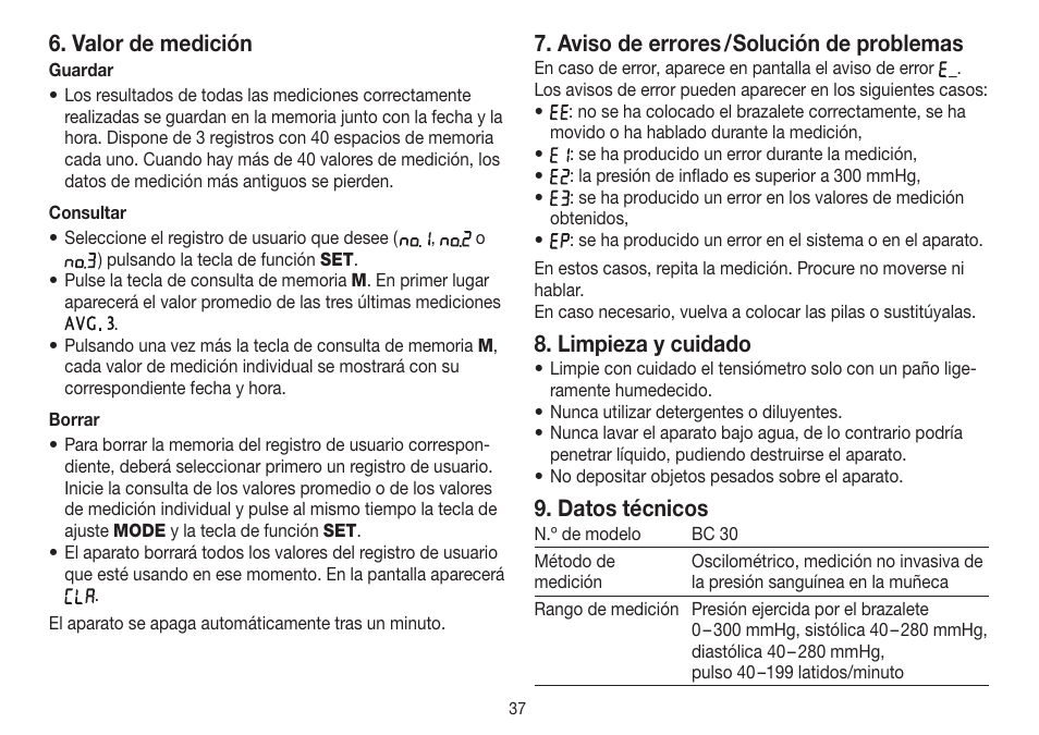 Valor de medición, Aviso de errores / solución de problemas, Limpieza y cuidado | Datos técnicos | Beurer BC 30 User Manual | Page 37 / 80