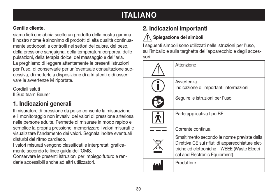 Italiano, Indicazioni generali, Indicazioni importanti | Beurer BC 30 User Manual | Page 39 / 80